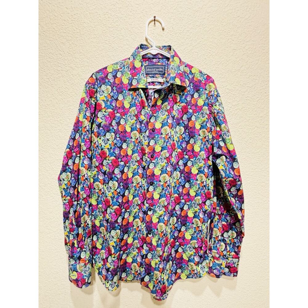Vintage 90s David Smith Shirt Bright Coral Pattern Medium